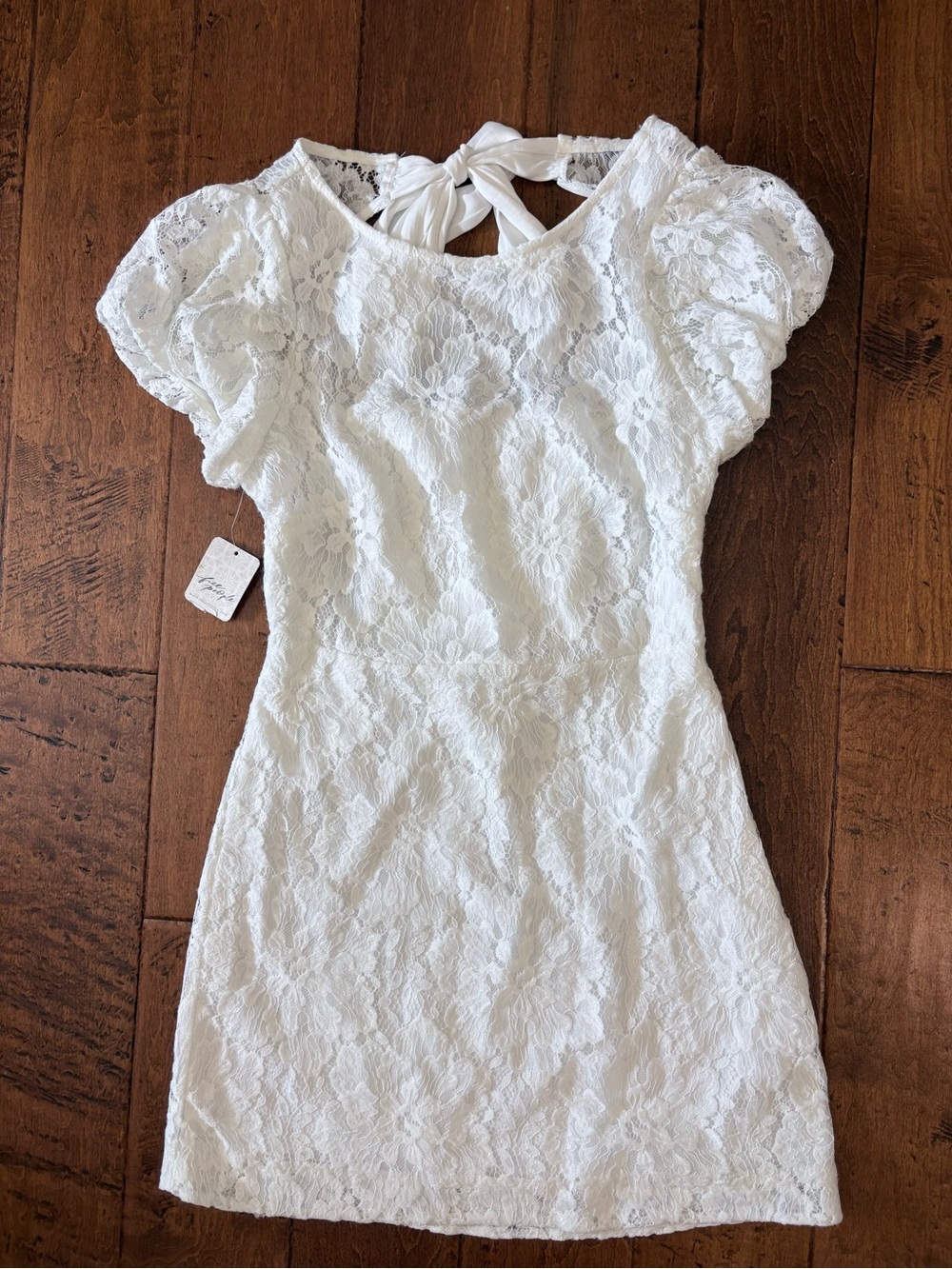 Free People White Lace Mini Dress Open Back Bow Cap Sleeve Small S